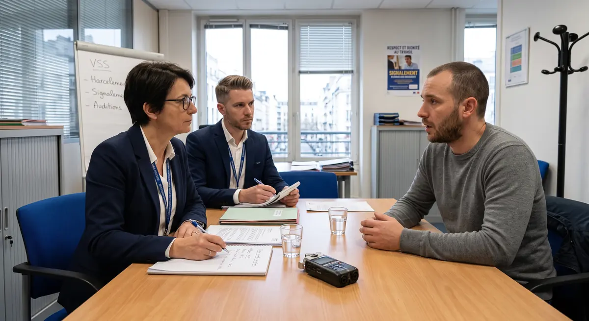 Audition d'un agent lors d'une enquête administrative : deux enquêteurs inQuiro prennent des notes face à l'agent entendu, dans les locaux de l'administration